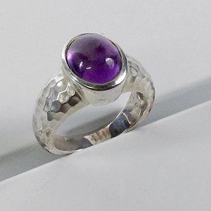 Amethyst Cabochon Ring Hammered Band  SS  size 5